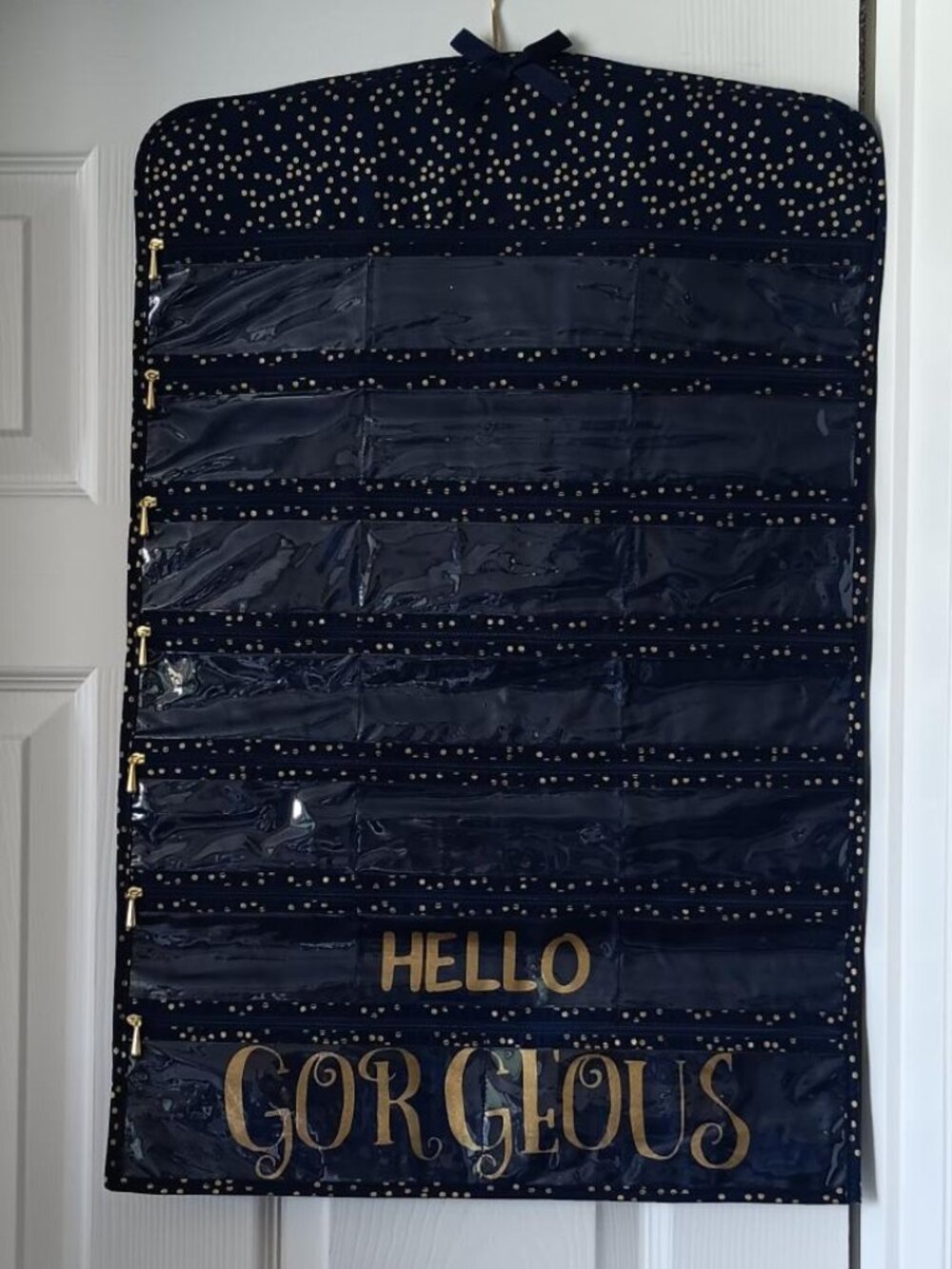 JEWELRY Roll with Zipper Pockets on Hanger Blue and Gold Size Large